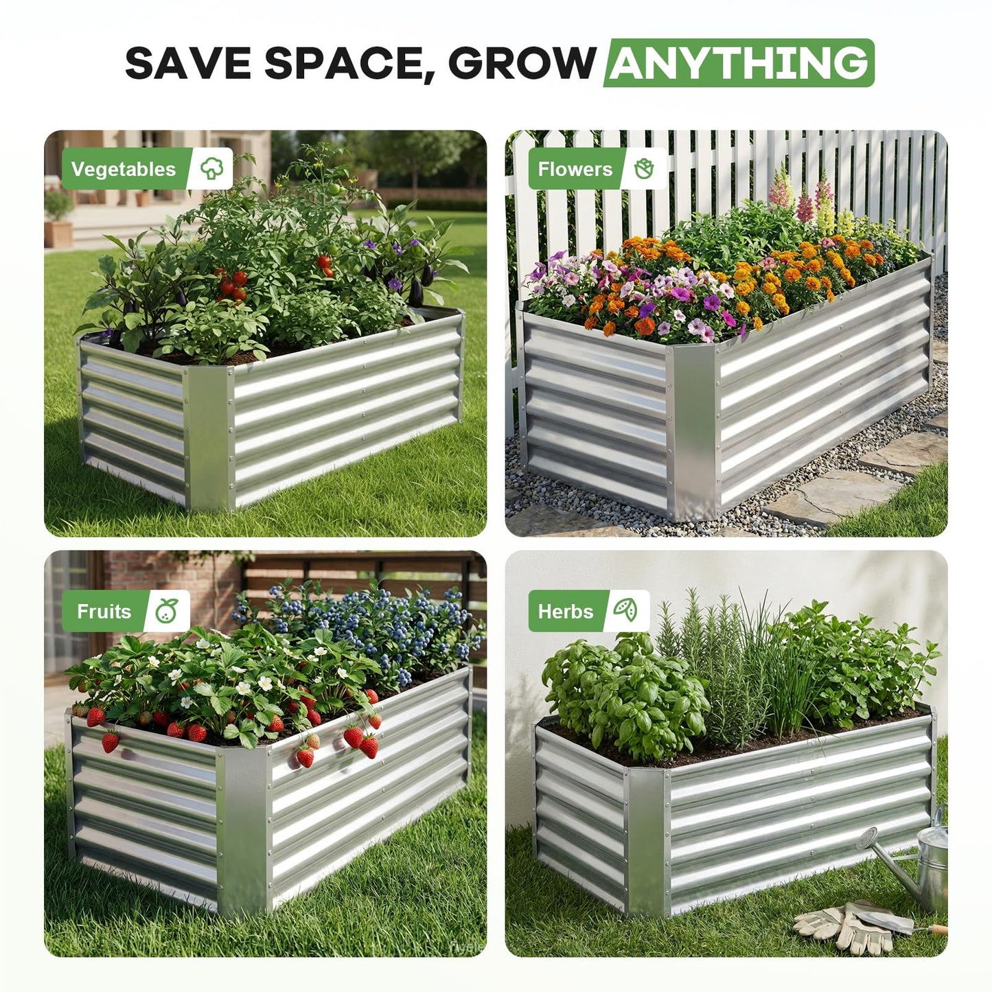 HEALSTOK Galvanized Raised Garden Bed Kits, 2 Pack Metal Planter Box Outdoor, 4x2x1.4ft Rectangular Steel Planter Bed for Vegetables, Fruits, Flowers, Herbs(Silver)