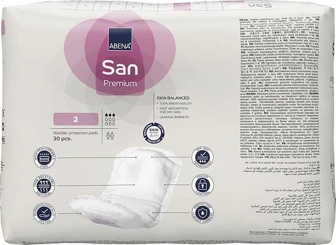 Abena San Premium Incontinence Pads, Light Absorbency, (Sizes 1 to 3A), Size 2, (Pack of 8, 240 Count Total)