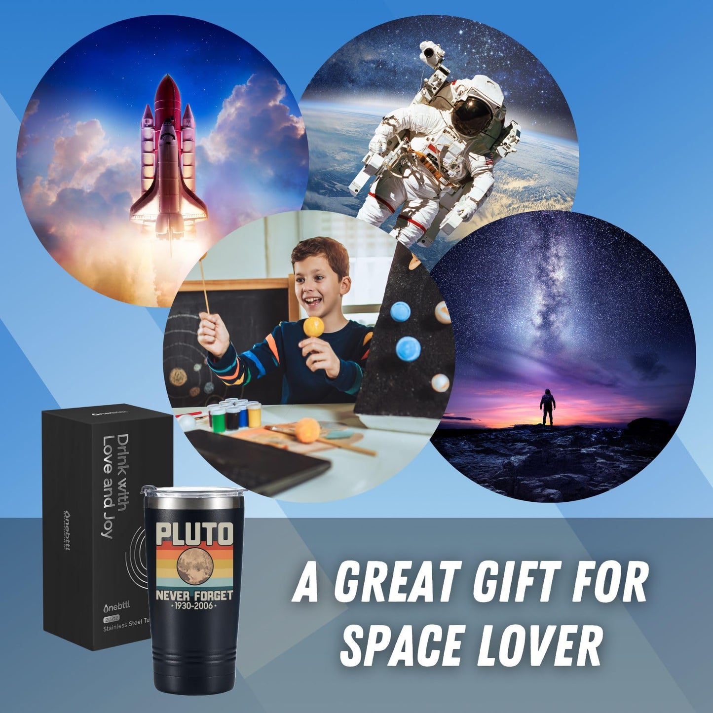 Onebttl Space Gifts for Men Boys Astronomy Lover - Pluto Never Forget Retro Tumbler - Science Nerd Travel Coffee Mug 20oz