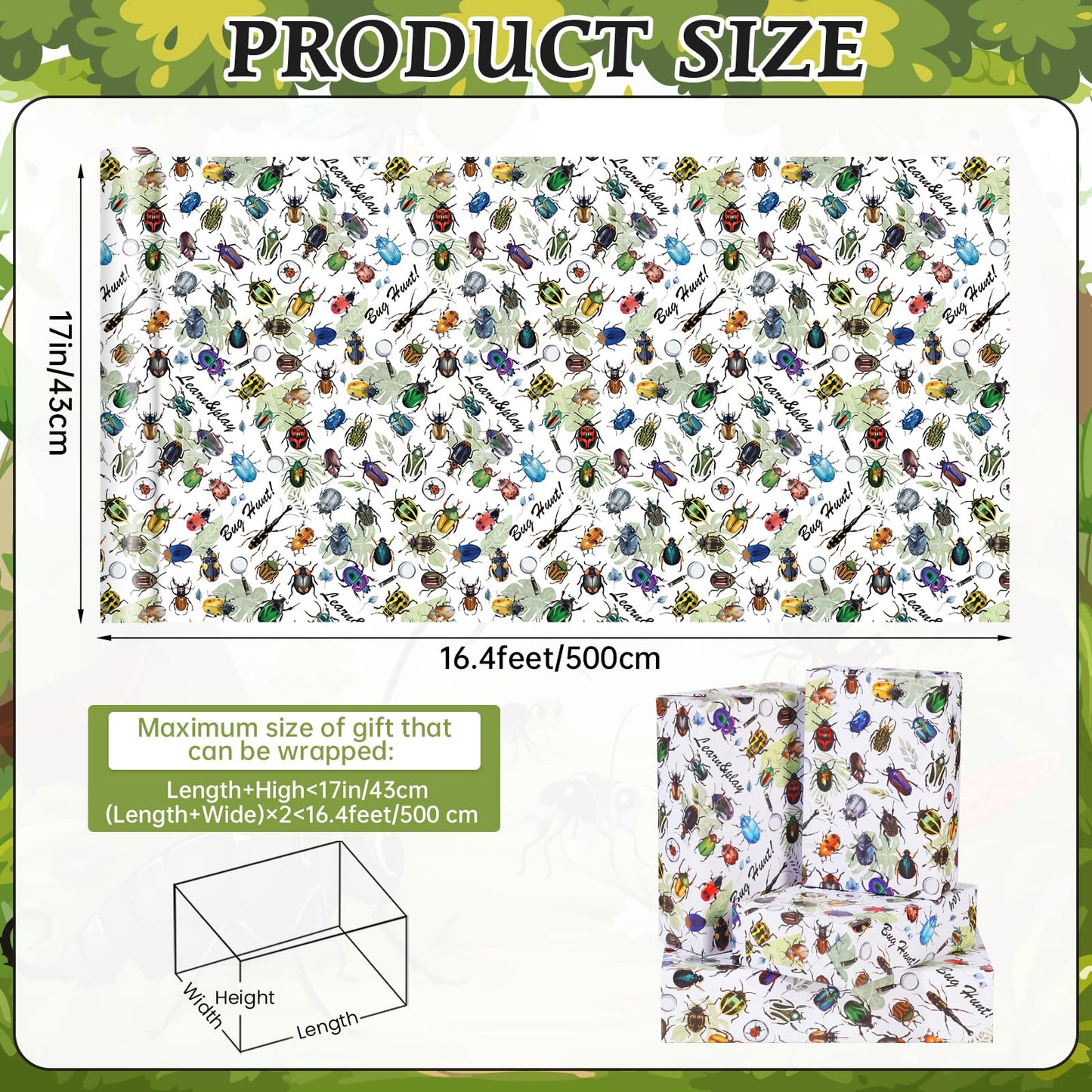 Insect Wrapping Paper Roll - 17Inch x16.4Feet - Beetle Bugs&Leaves Colorful Gift Wrap for Nature Parties,Birthdays,Celebrations