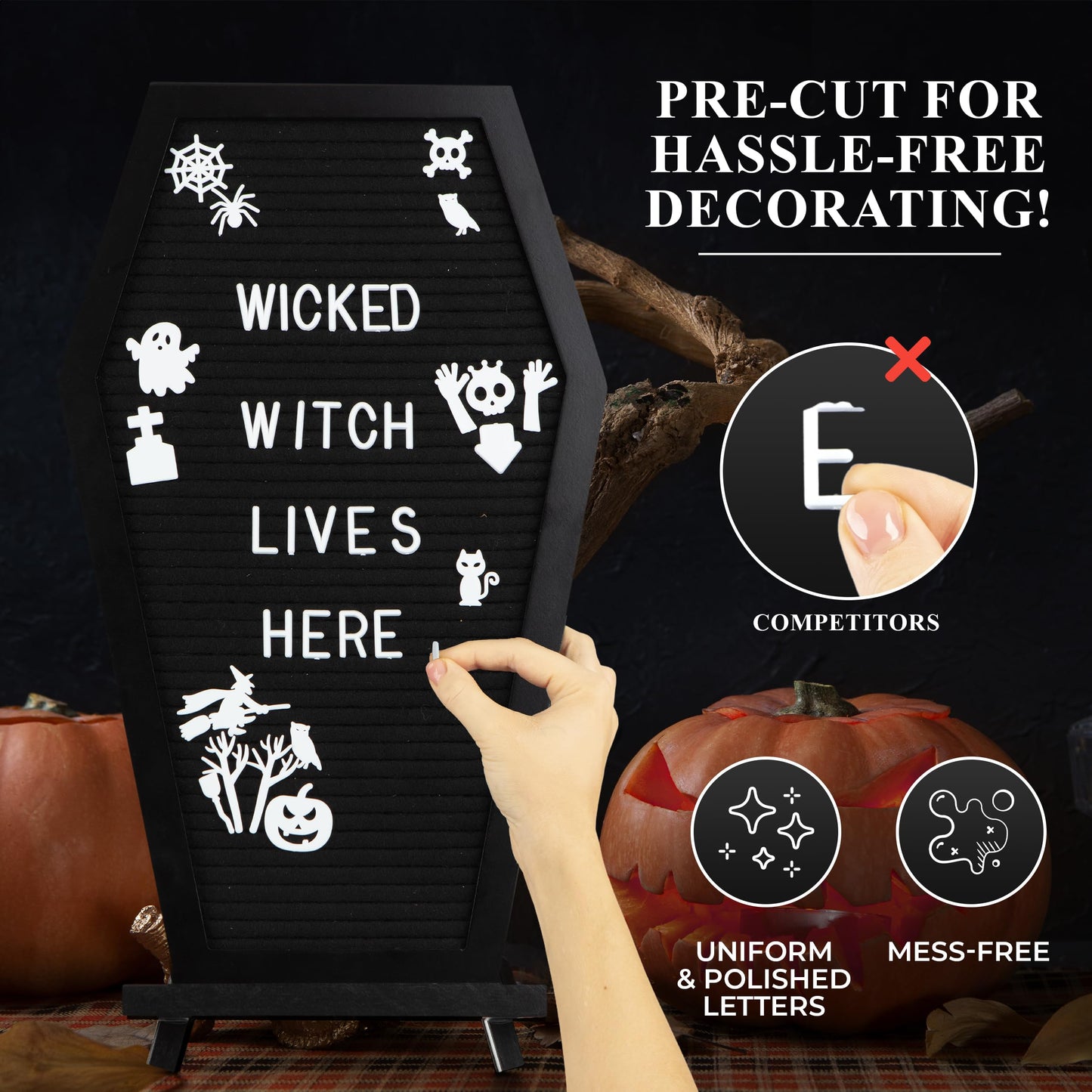 3 in 1 Coffin Letter Board with Precut, Presorted 500 Letters & Emojis + Mini Coffin Board, Gothic Halloween Decor - Spooky 17x10.5 inches Felt Letter Board - Manny's Mysterious Oddities