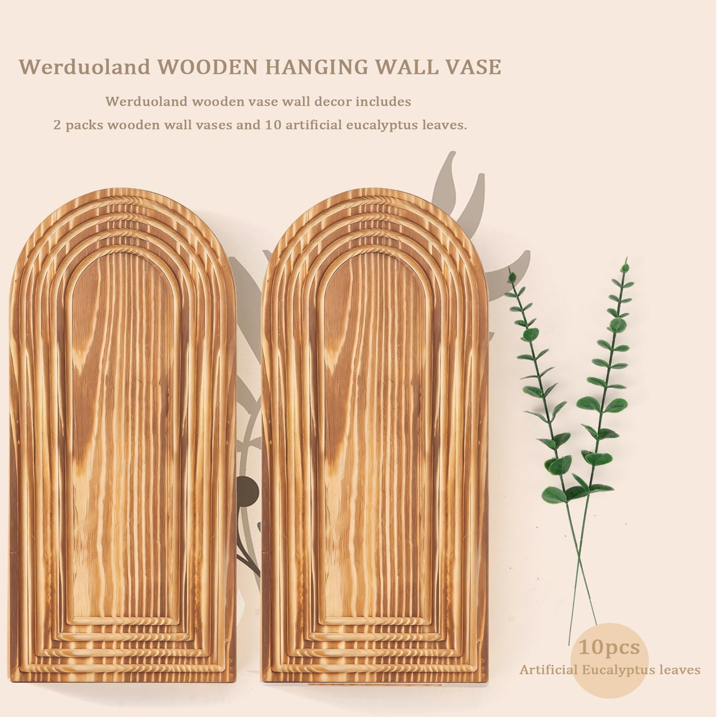 2 Pcs Wooden Wall Vase Set for Decor with 10pcs Artificial Eucalyptus Plants-Boho Hanging Planter Modern Farmhouse Wall Decor for Bathroom Living Room Dining Room Bedroom Kitchen