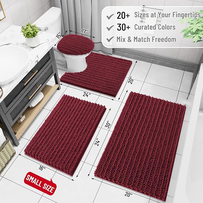 Arotive Luxury Chenille Bathroom Rug Mat, Extra Soft Thick Absorbent Shaggy Bath Rugs, Non-Slip Machine Wash Dry, Plush Bath Mats for Bathroom, Shower and Tub, 70x24, Burgundy
