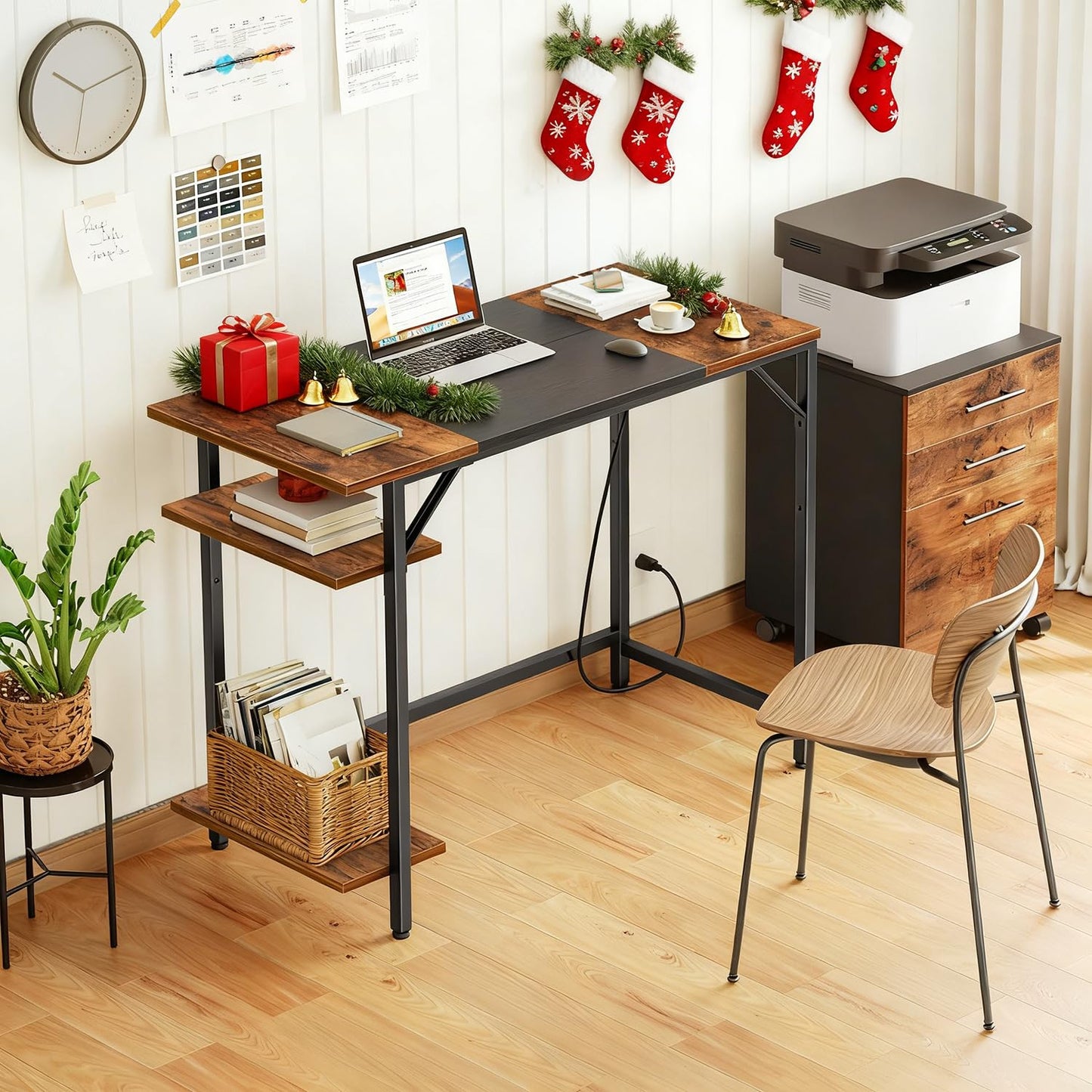 HOOBRO Computer Desk, Home Office Desk with Power Outlet, Writing Desk with 2 Shelves, Modern Small Desk for Home Office, Study, Easy to Assemble, Rustic Brown and Black BF43UDN01