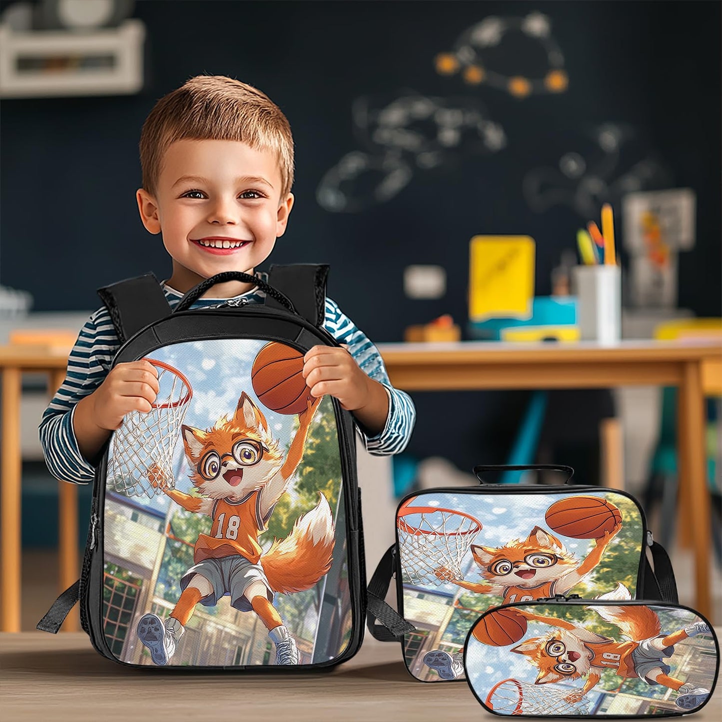 Arevigh Fox School Backpack 3 Piece Set Backpack Lunch Bag Pencil Case Waterproof Fabric for School Gifts for Students Kids Toddler Boys Girls Elementary Middle