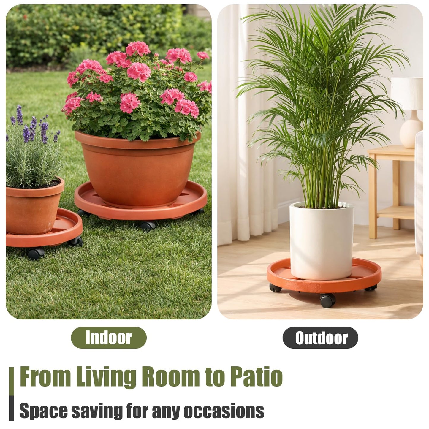 5-pack 11.8" Large Plant Caddy with Wheels Plastic Plant Dolly with Caster Flower Pot Mover Rollers Wheeled Rolling Plant Stands Round Plant Saucer Indoor Outdoor Base Coasters,Terracotta red