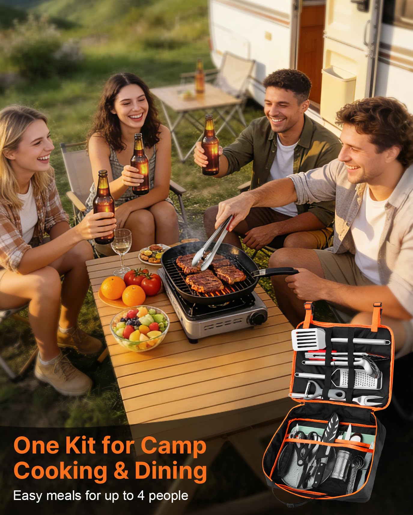 GAIALOOP Portable Camping Cooking Utensils Set 28PCS, Camp Kitchen Set with Plates and Camping Cutlery Set, RV Essentials Cooking Equipment, Outdoor BBQ Cooking Utensil Kit with Organizer Bag