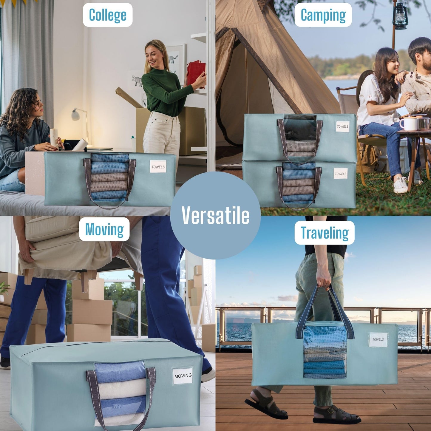 VENO 2 Pack Heavy Duty Moving Bags, Packing Bags with Clear Window, Alternative to Moving Boxes, Storage Bins for Clothes, Blankets, Comforters, College Dorm Essentials (Light Blue Matte, 2 Pack)