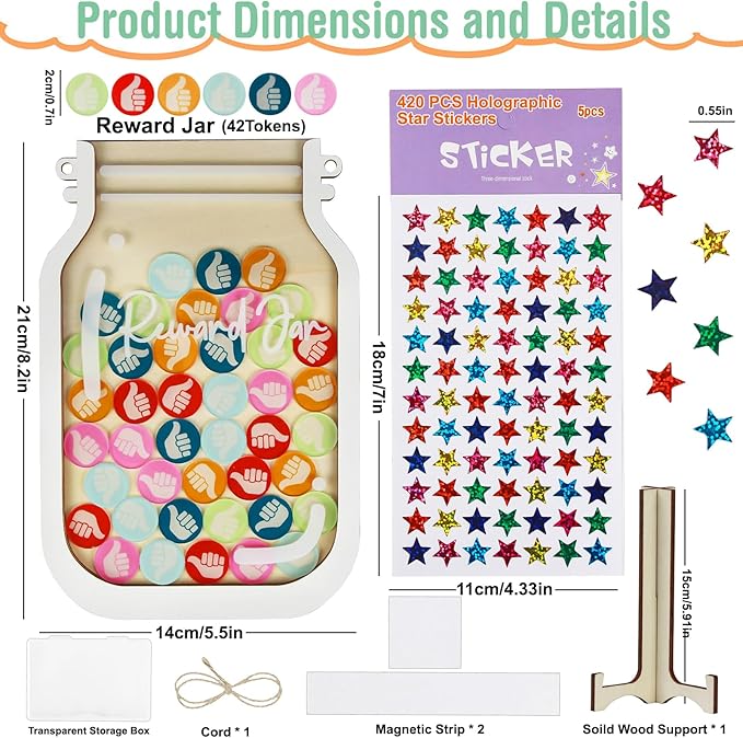 Herda Personalized Reward Jars for Kids- Classroom Behavior & Home Behavior Training Kit for Classroom/Potty/Chores, Teacher/Parent Incentive Tools Jar(42Pcs Thumbs-Up & 420Holographic Star Stickers)
