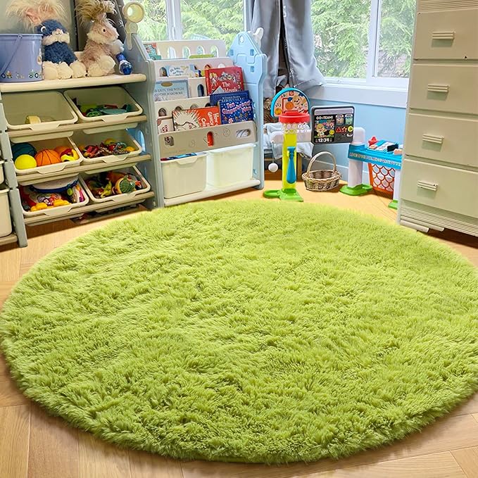 Amdrebio Grass Green Round Rugs 6Ft for Living Room Bedroom Decor Aesthetic, Large Fluffy Shaggy Circle Area Rug for Kids Playroom Baby Nursery, Big Soft Shag Fuzzy Modern Cool Floor Circular Carpet