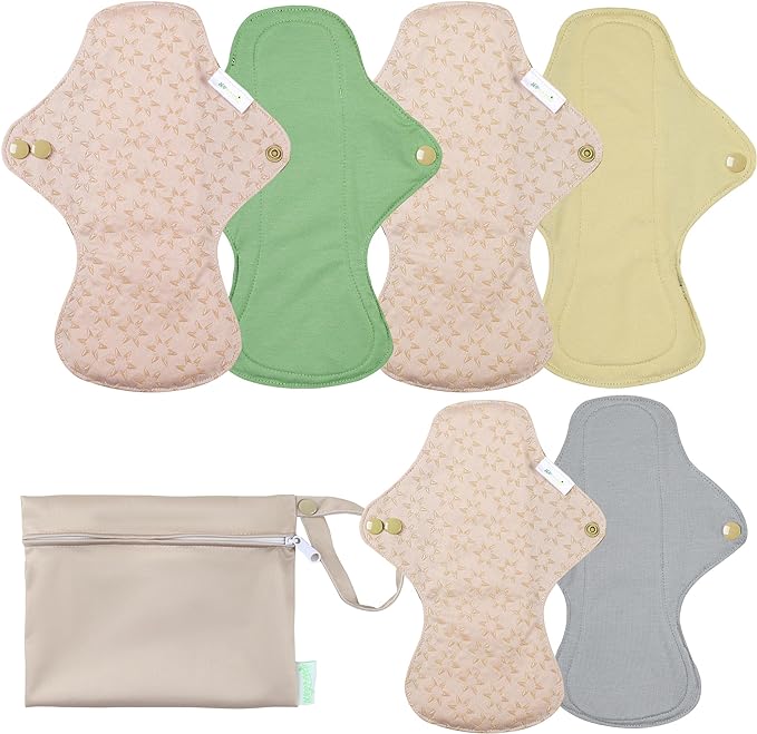 wegreeco 6 Pcs Reusable Menstrual Pads, Ultra Absorbent Cloth Pads for Heavy Flow, Sanitary for Teens,Women, Nonslip, Inner Mustard Yellow, Grey, Beige, Rose Gold Outer, XL
