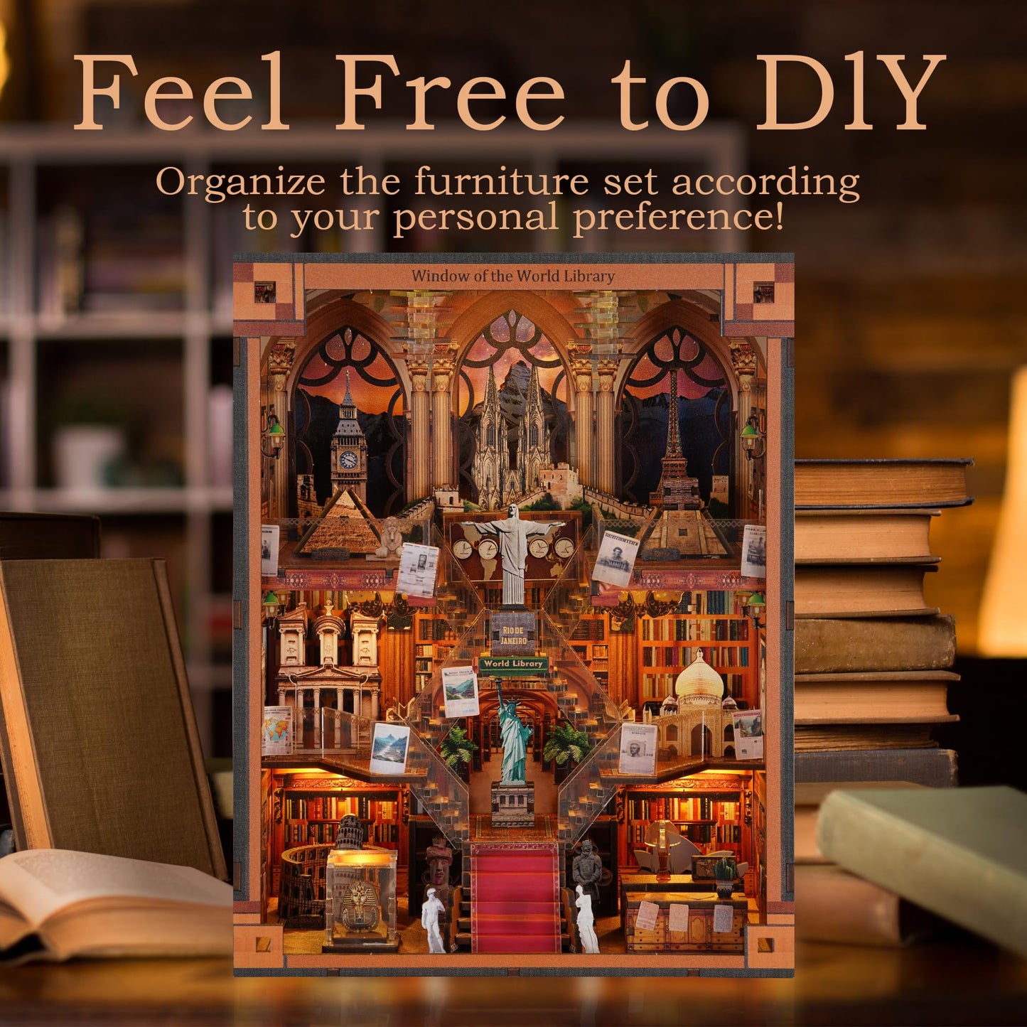 Book Nook Kit - DIY Miniature World Library Booknook - 3D Wooden Puzzle with LED Lights - Creative Bookshelf Insert & Educational Gift for Adults