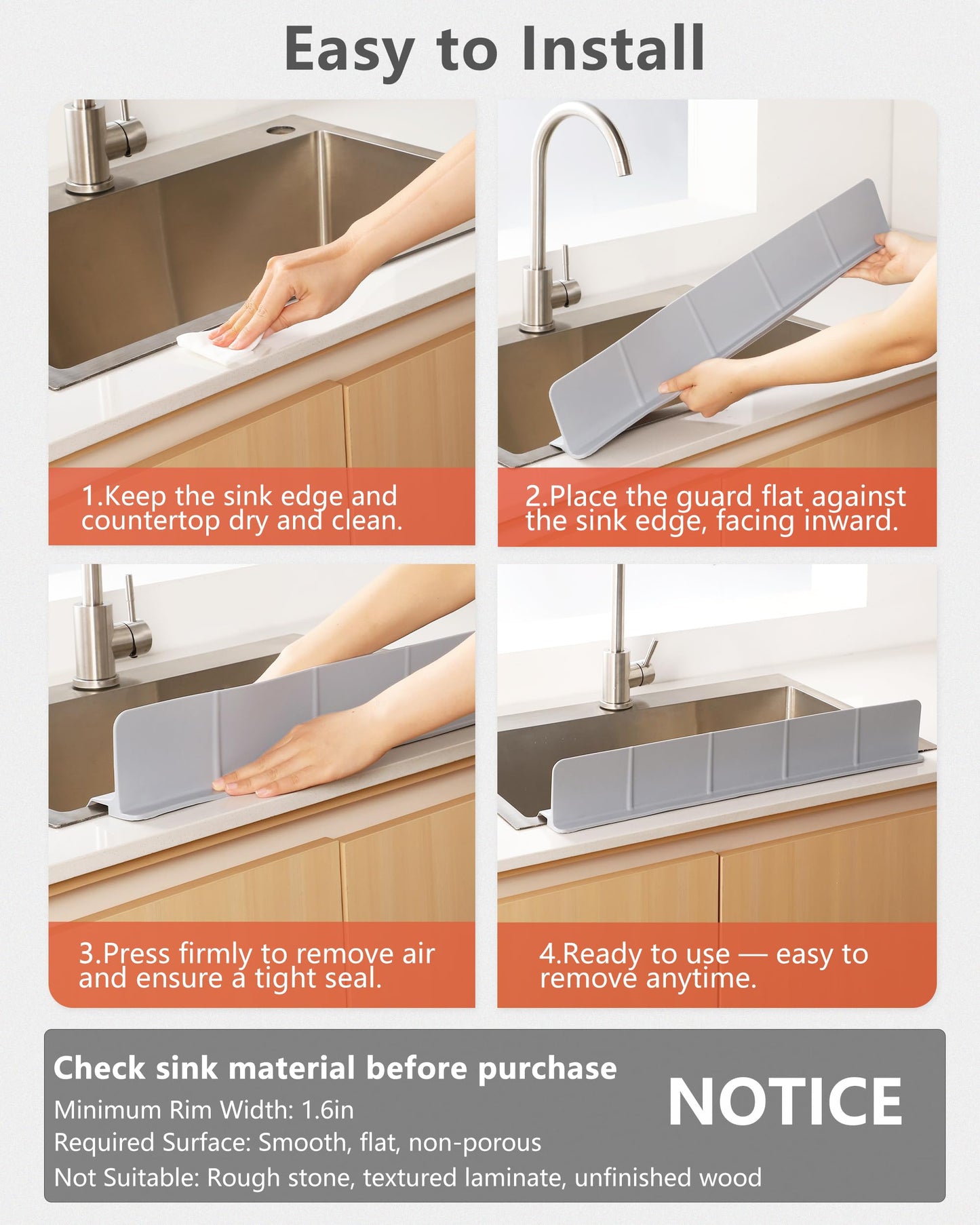 Akrelyan Kitchen Sink Splash Guard 18" 23" Self-Draining Silicone Water Guard with High Splash Wall & Strong Suction Cups for Faucet, Countertop & Sink Edge, Keeps Sinks Dry, Dishwasher Safe, Gray