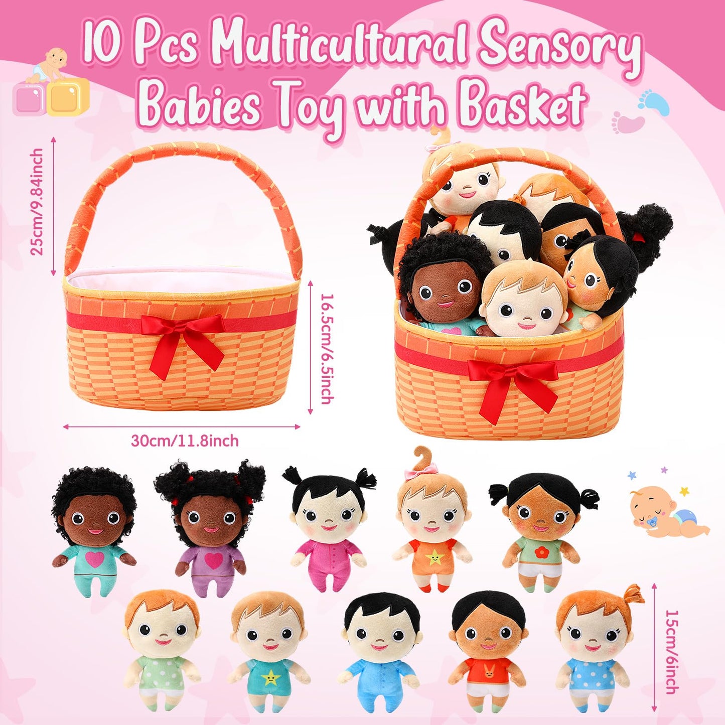 HyDren 10 Pcs Multicultural Plush Dolls with Basket, Diverse Soft Stuffed Dolls for Kids, Inclusive Toys for Preschool Classroom Daycare, Cultural Awareness Gift Set for Boys Girls