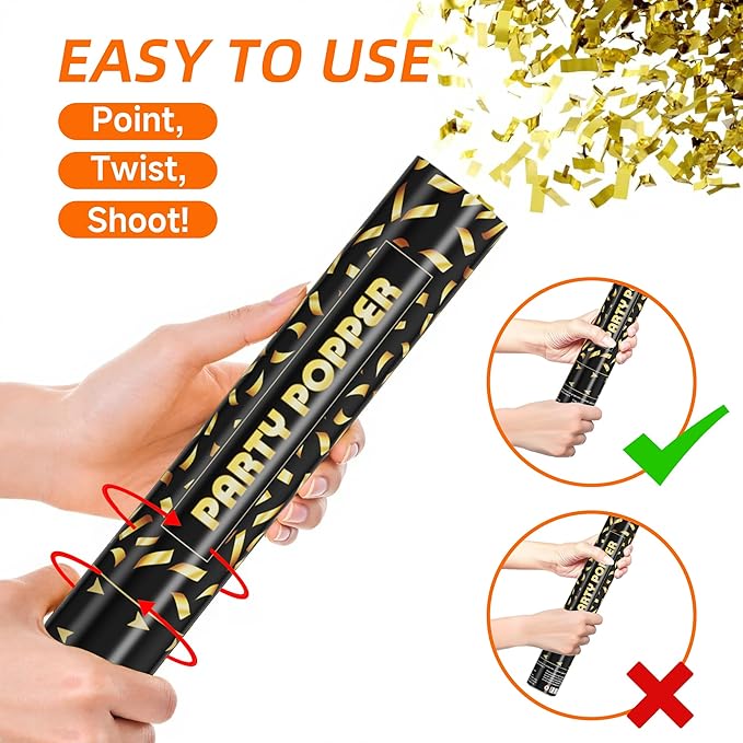 HAPYFMSHI Gold Confetti Cannon Poppers - Party Confetti Shooter Popper for Celebration, Wedding, Birthday, Graduation, New Year's Eve Party(6 Pack)