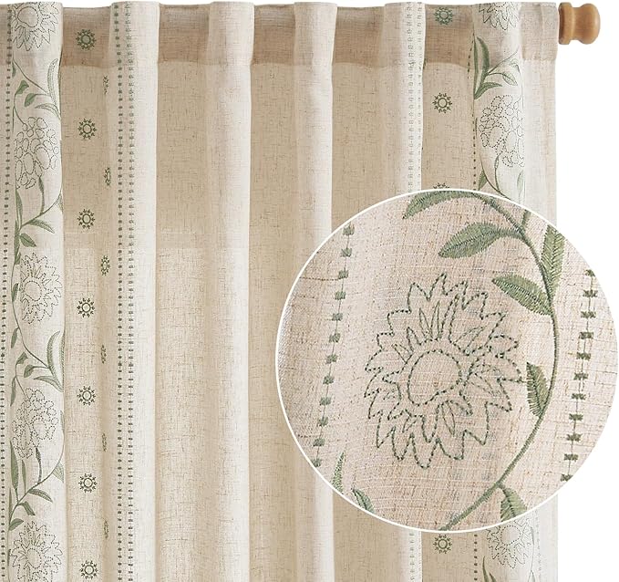 jinchan Winslow Linen Curtains for Bedroom 84 Inches Length Embroidered Bordered Floral Curtains for Living Room Farmhouse Decor Light Filtering Window Treatments Sage on Beige Drapes 2 Panels
