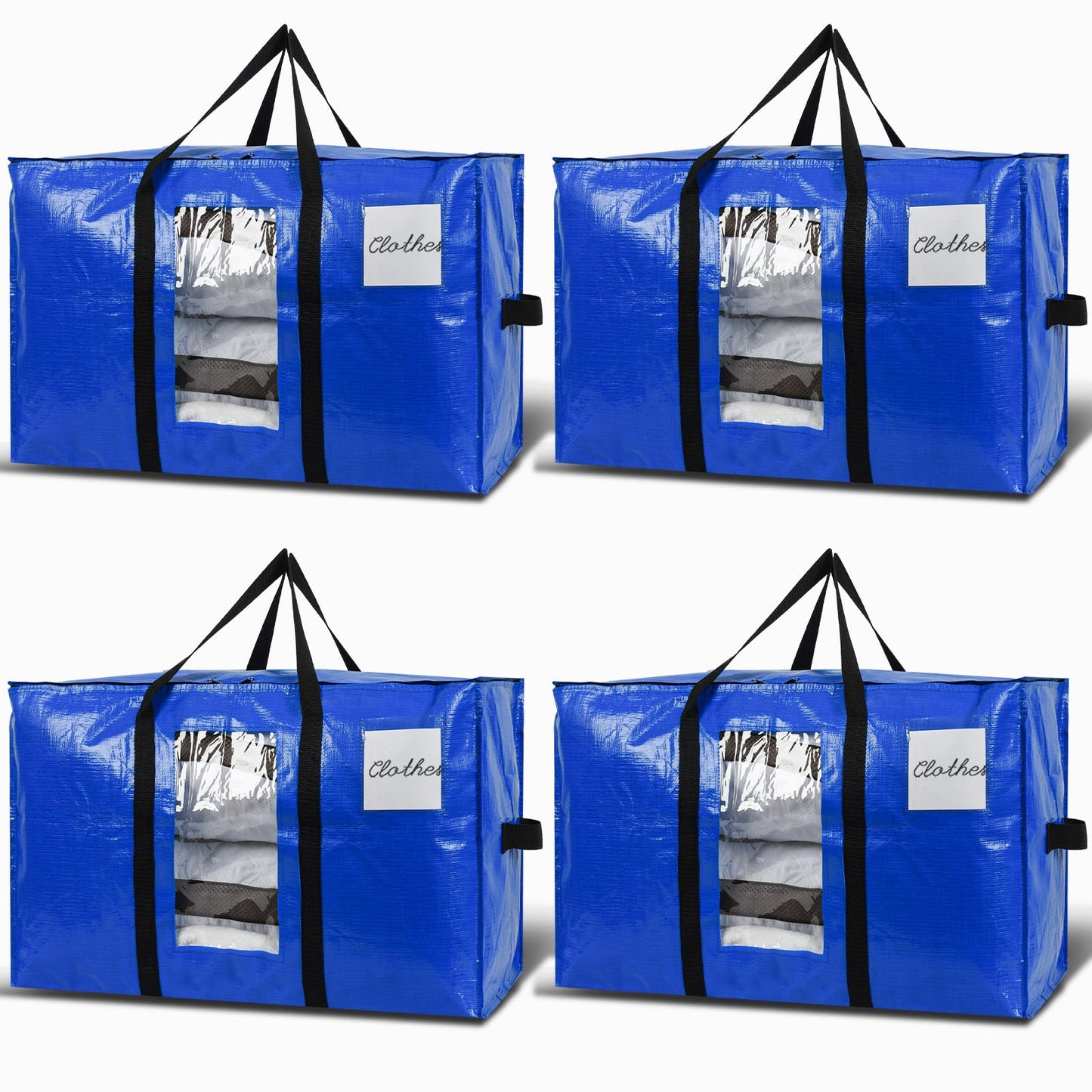 Uprimeasy Large Moving Bags, 4 Pack Heavy Duty Storage Bags with Wrap Handles & Zippers, Space Saving Storage Totes with Clear Window & Tag Pocket, Alternative to Moving Boxes (Blue)