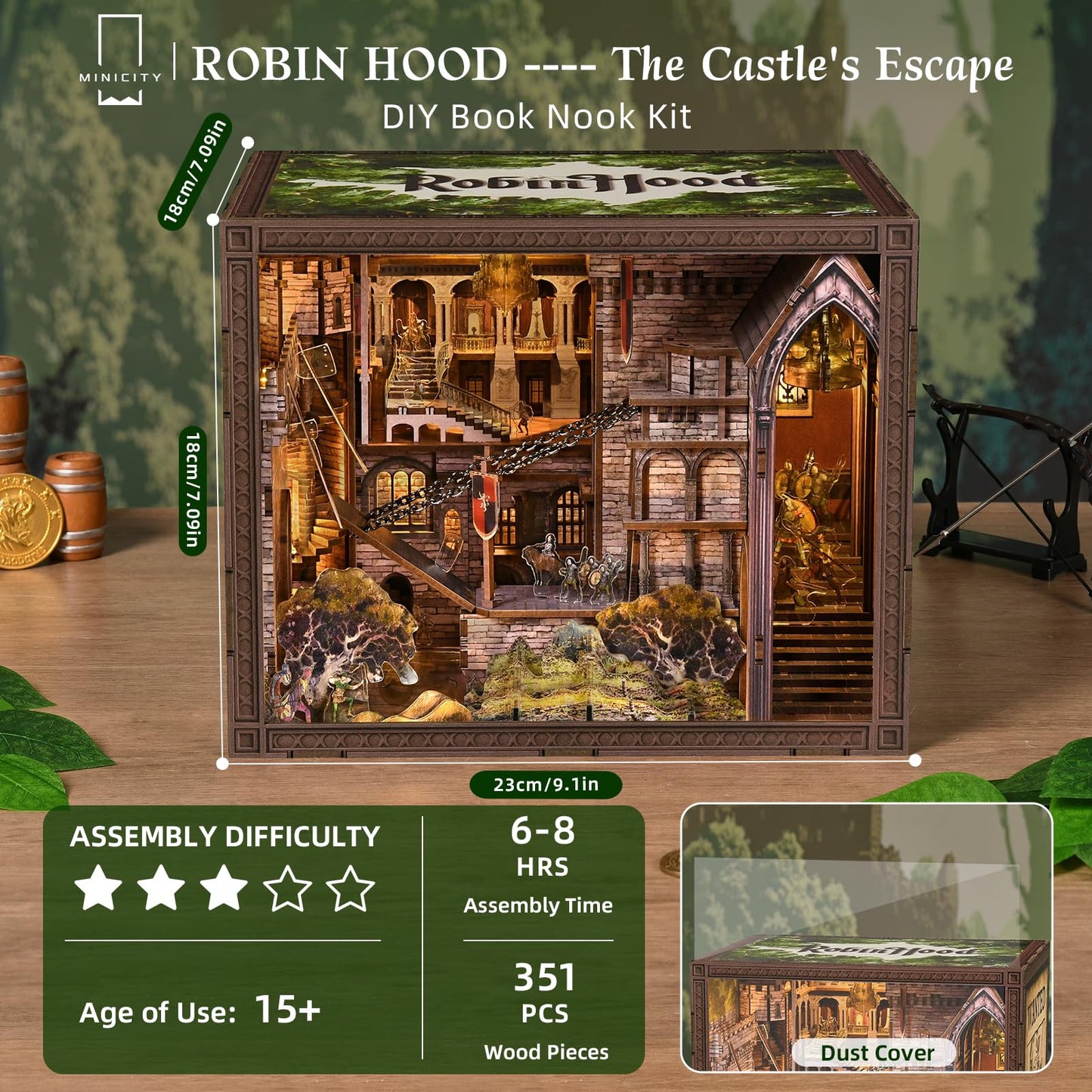 MiniCity DIY Book Nook Kit - The Castle's Escape 3D Miniature Wooden Scene with LED Lights, Dustcover & Tools for Shelf Decor (Robin Hood)