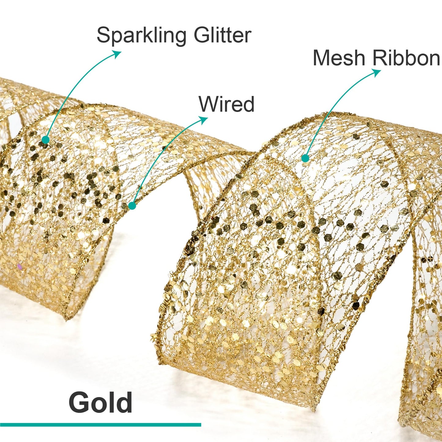 CT CRAFT LLC Sparkling Glitter Mesh Wired Ribbon 2.5" x 20 Yards Gold for Christmas Home Decor Bow Gift Wrapping DIY Crafts Wreath