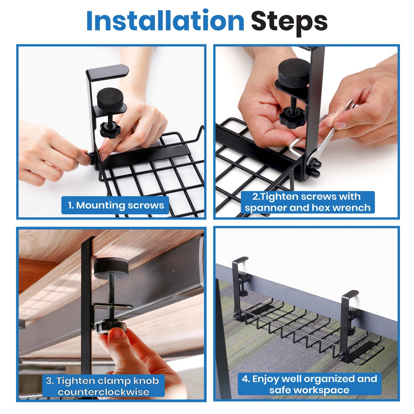 Under Desk Cable Management Tray, 16” No Drill Cord Organizer with Clamps for Wire Management, 4mm Sturdy Wire Desk Cable Organizer Tray, Cable Management Rack for Office