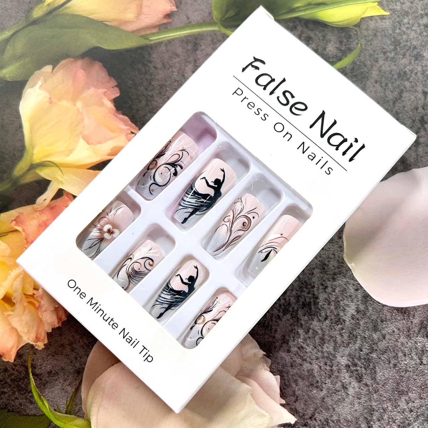 CJDLTS Ballet Dance Press on Nails Medium Ballet Shaped Gold Lines Stripes Design Gradient Acrylic Fake Nail Full Cover Glossy Medium Artificial Fingernails 24Pcs Reusable Glue on Nails for Women