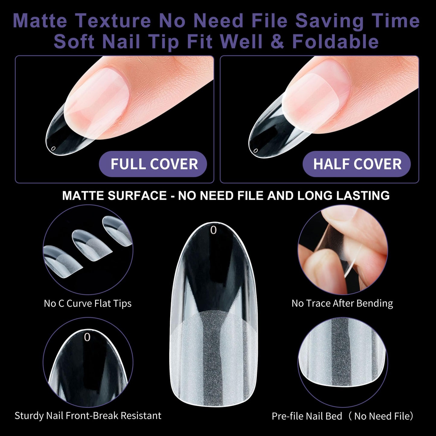 Half Matte Medium Oval Fake Nail Tips, Soft Gel Pre-Shaped Nail Tips, Full Cover False Nails with Clear Box for Nail Salons and DIY Nail Art, 600PCS/12 Sizes