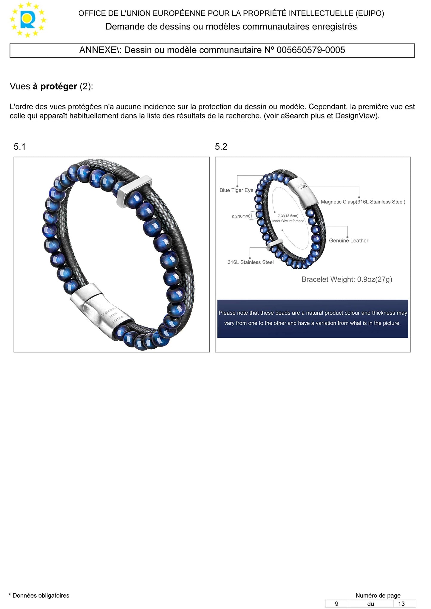 murtoo Mens Bead Leather Bracelet, Blue and Brown Bead and Leather Bracelet for Men (Blue-silver)