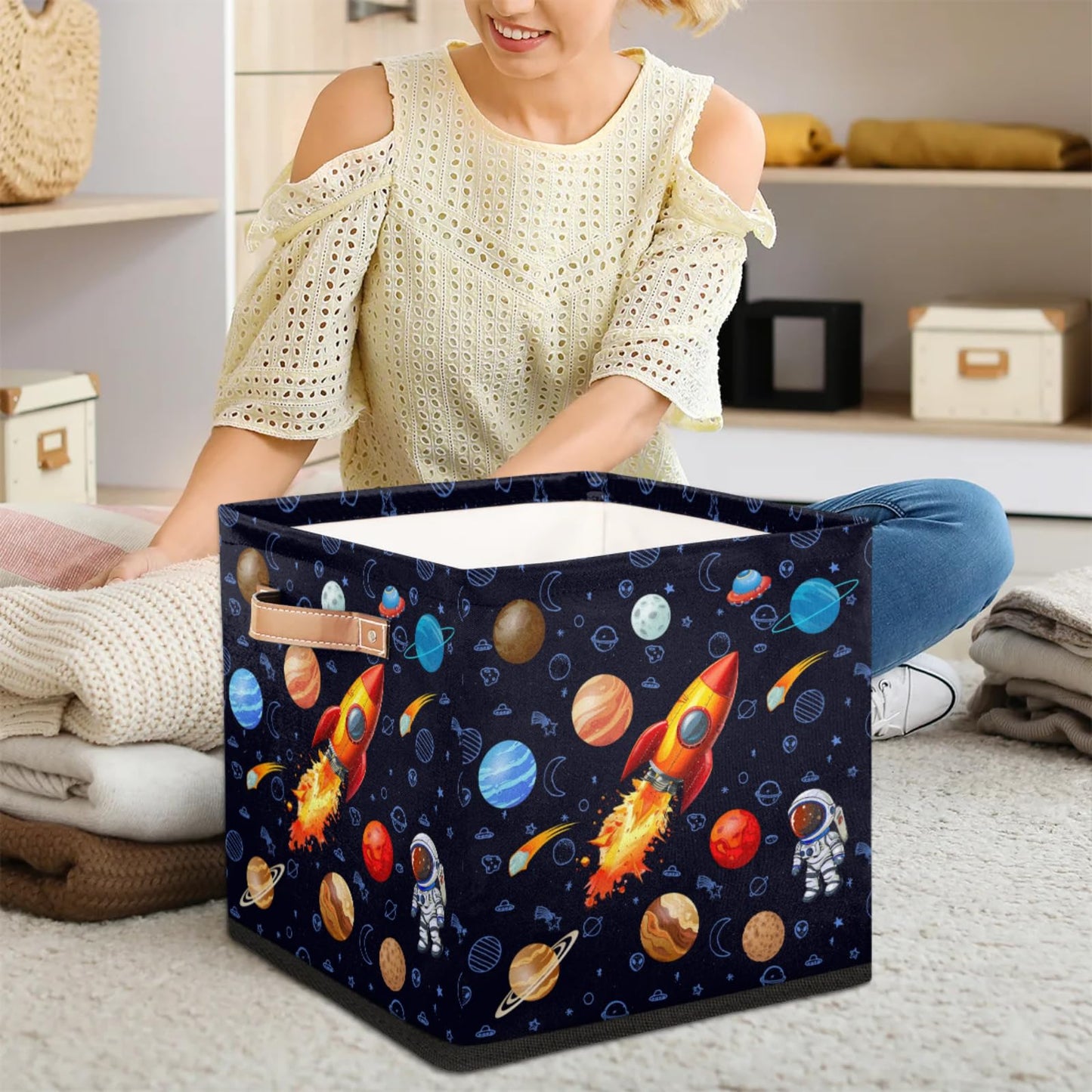 BENGRONGAE Cube Storage Bin, 13 Inch Rocket Astronaut Collapsible Storage Cubes with Handles, Space Planet Cube Storage Baskets for Nursery Toys Books Clothes