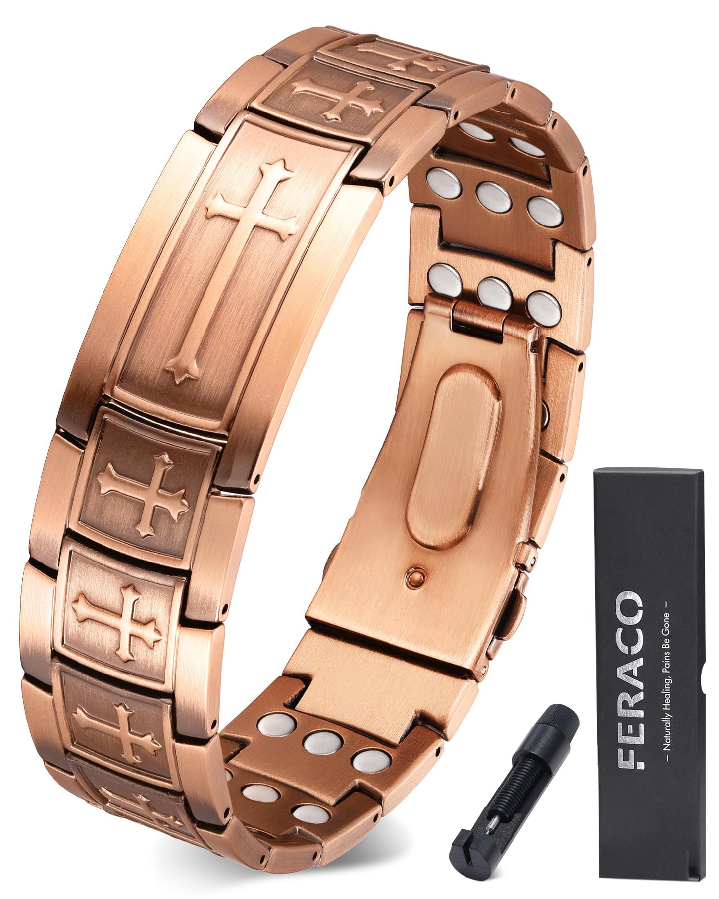 Feraco Copper Magnetic Cross Bracelet for Men, 99.99% Pure Copper with 3800 Gauss Magnets,Gifts for Him