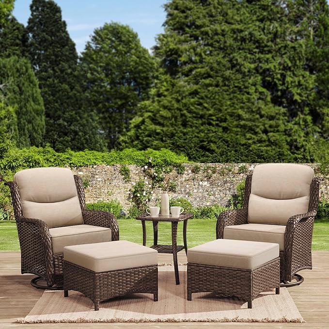 HILLGA Luxury Outdoor Swivel Rocker Patio Chairs of 2 with 6 Inch Thick Cushions and Side Table, Swivel Outdoor Chairs 5PCS High Back Wicker Patio Furniture Set for Porch, Balcony, Deck in Beige