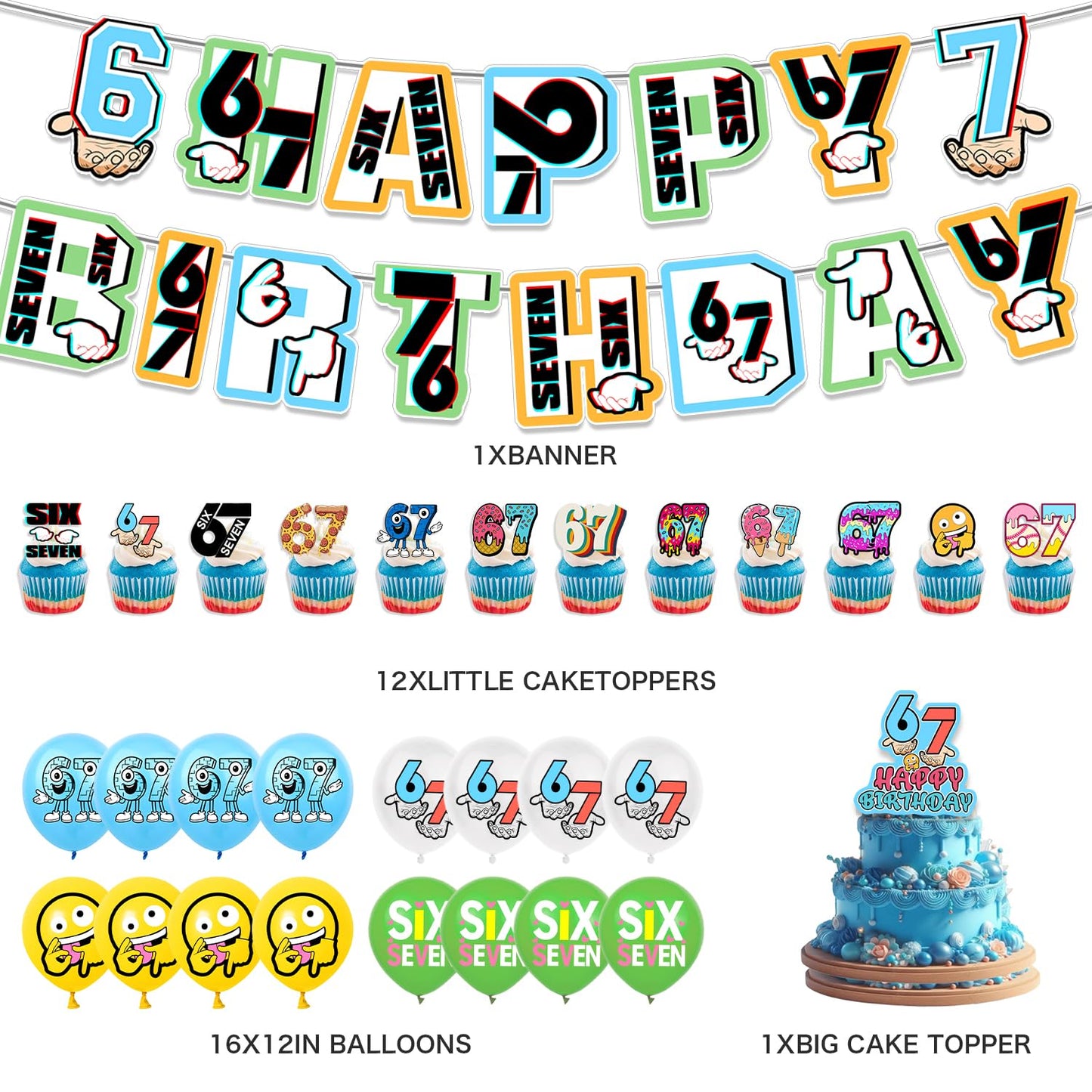 6 7 Birthday Decorations, 6 7 Meme Six Seven Themed party supplies Set Includes Banner, Cake Topper, Cupcake Toppers, Ballons