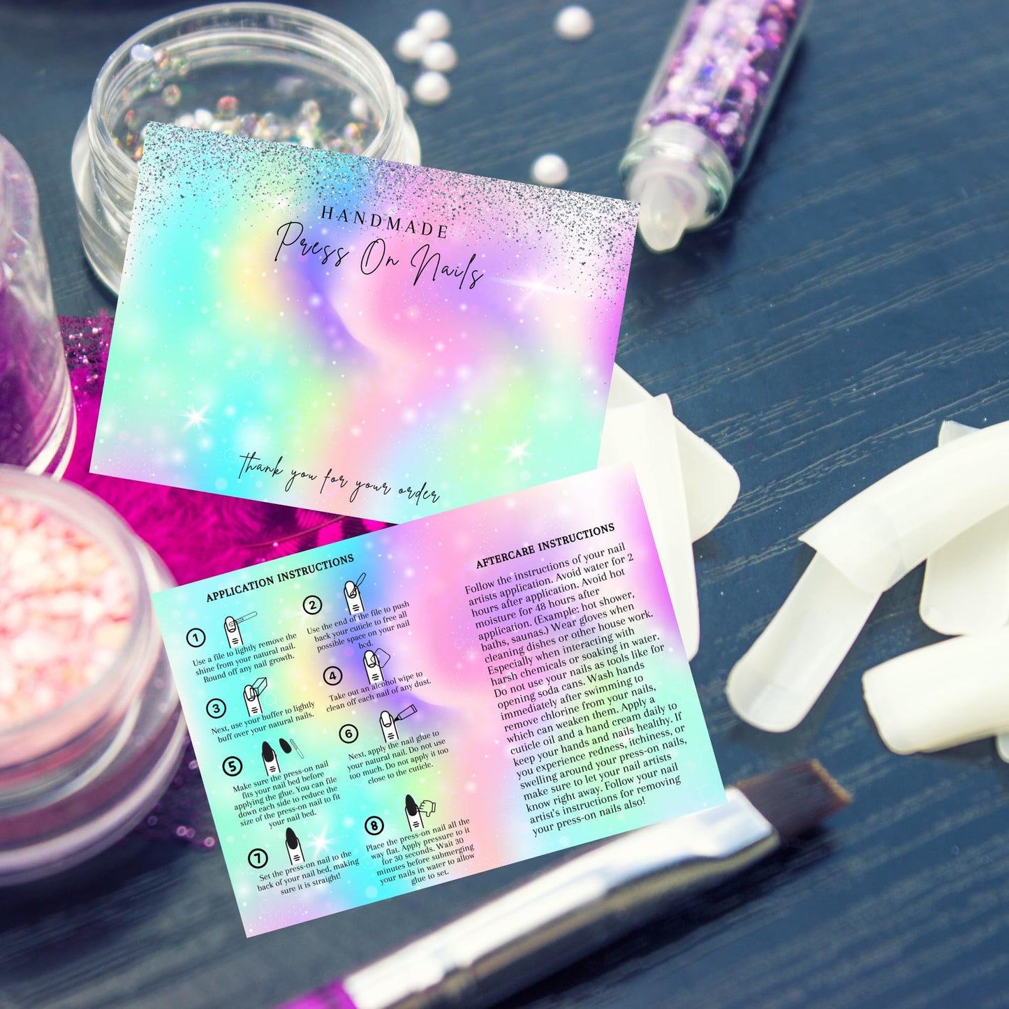 Lashicorn Handmade Press On Nails Display Card | 5x7” 30 pk w/Application Aftercare Instructions - Inserts Add To A Holographic Bags & Can Use With Double Sided Tape