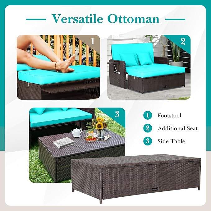 HAPPYGRILL Patio Rattan Wicker Daybed with Loveseat & Storage Ottoman, Outdoor Lounge Sofa Furniture Set with Adjustable Backrest & Side Trays, for Poolside Deck Porch Lawn (Mix Brown & Turquoise)