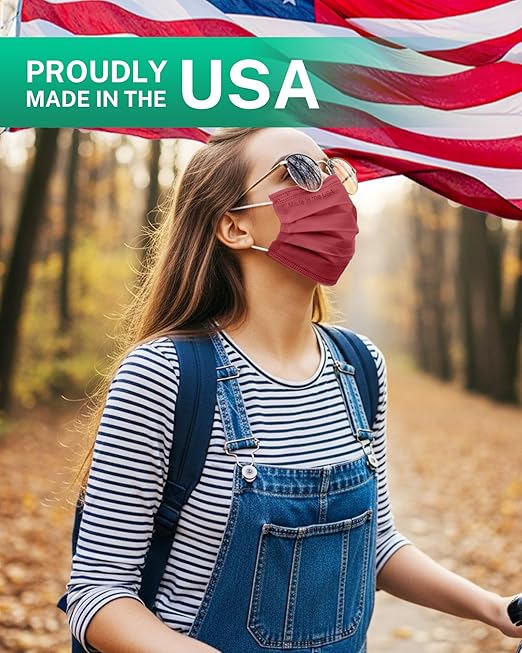 Disposable Face Masks Made in USA, 4 Ply for Families, Students, Breathable All-Day Wear & Safety, FSA HSA Eligible, ASTM Level 3 Medical Grade, 50 Pack, Burgundy