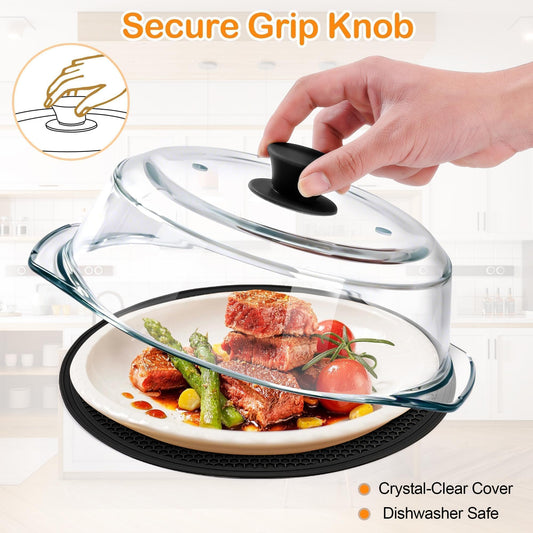 Glass Microwave Splatter Cover for Food with Microwave Place Mat - Sturdy Plate Guard Lid with Vent Holes and Easy-Grip Silicone Handle - BPA Free, Dishwasher Safe (Black)