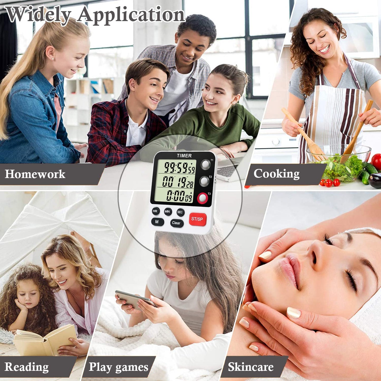 QINFIEY Digital 3 Channels Kitchen Cooking Multiple Timer with Large LCD Count Up Down Stopwatch ON Off Switch Timer for Teaching Reading 3-Level Adjustable Volume with Magnetic Back (Style C)