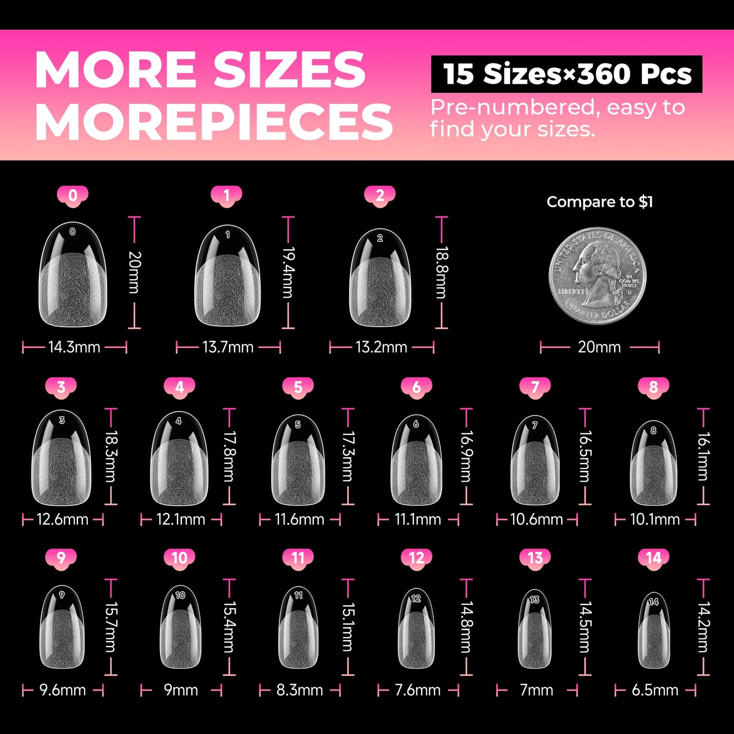 UNA GELLA Short Oval Round Nail Tips 360Pcs Pre-shaped Half Matte Oval Gel Nail Tips Full Cover Oval Round Press on Nails Clear Acrylic Fake Nails for Nail Extensions Home DIY Salon 15 Sizes