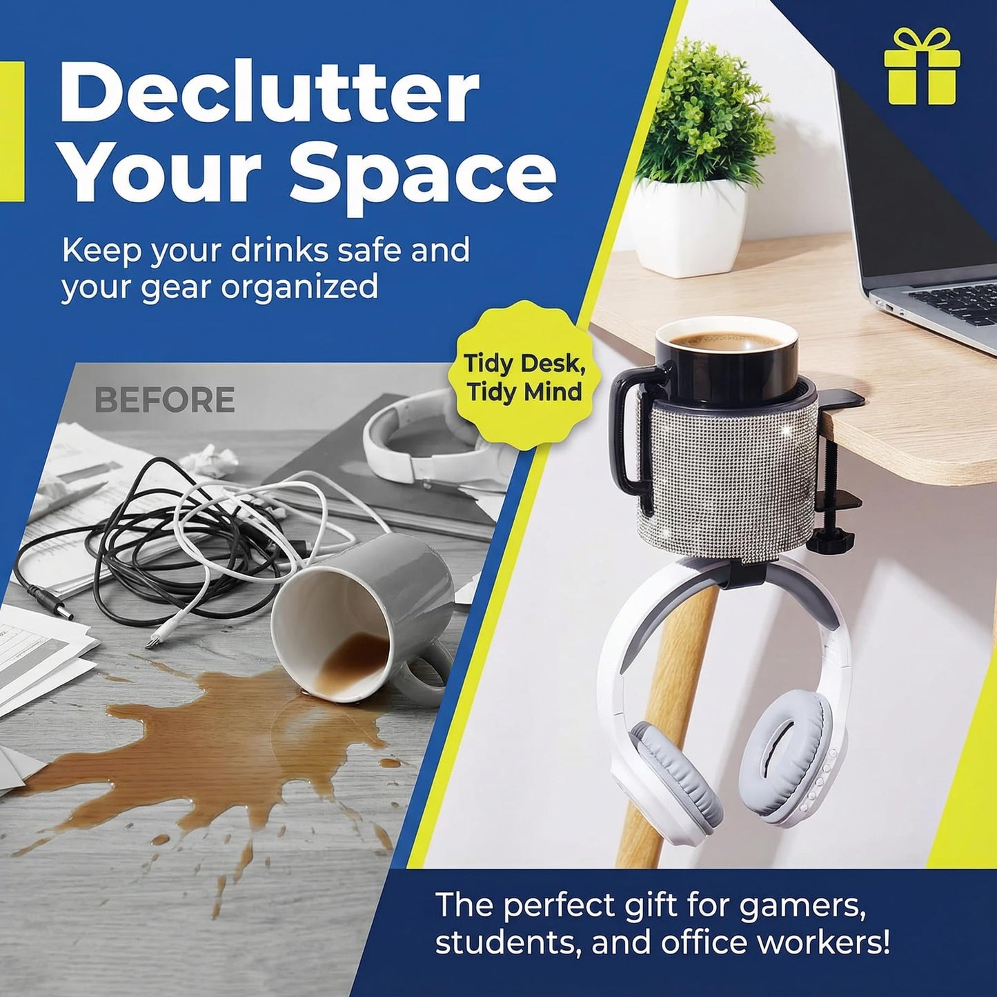 cowinational Luxury 2-in-1 Desk Cup Holder with Headphone Hanger for Office, Home, Gaming(Bling Bling)