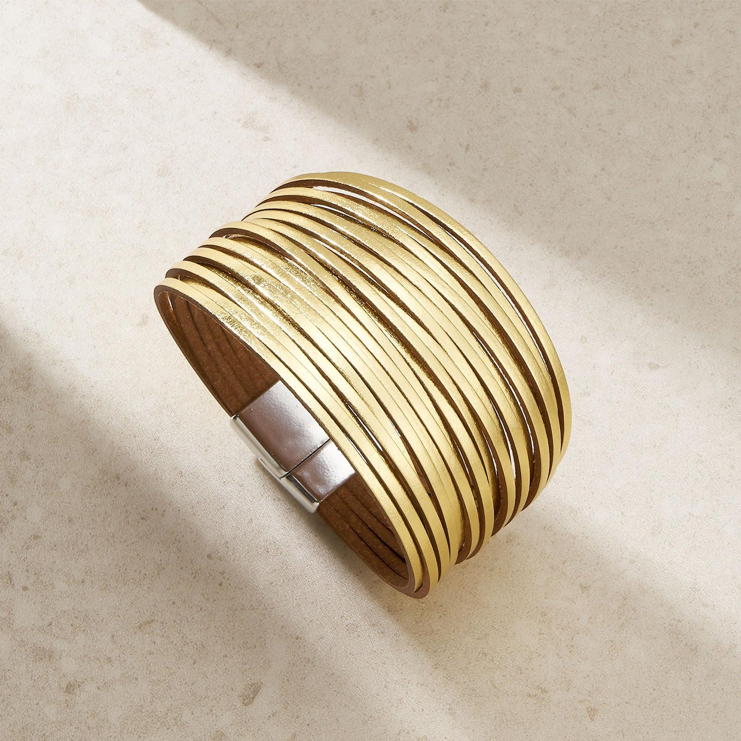 QIUTIMIY Leather Bracelets for Women Trendy Boho Cuff Bracelet Layered Bangle with Clasp Hand Wrist Jewelry Western(Style 4-Gold)