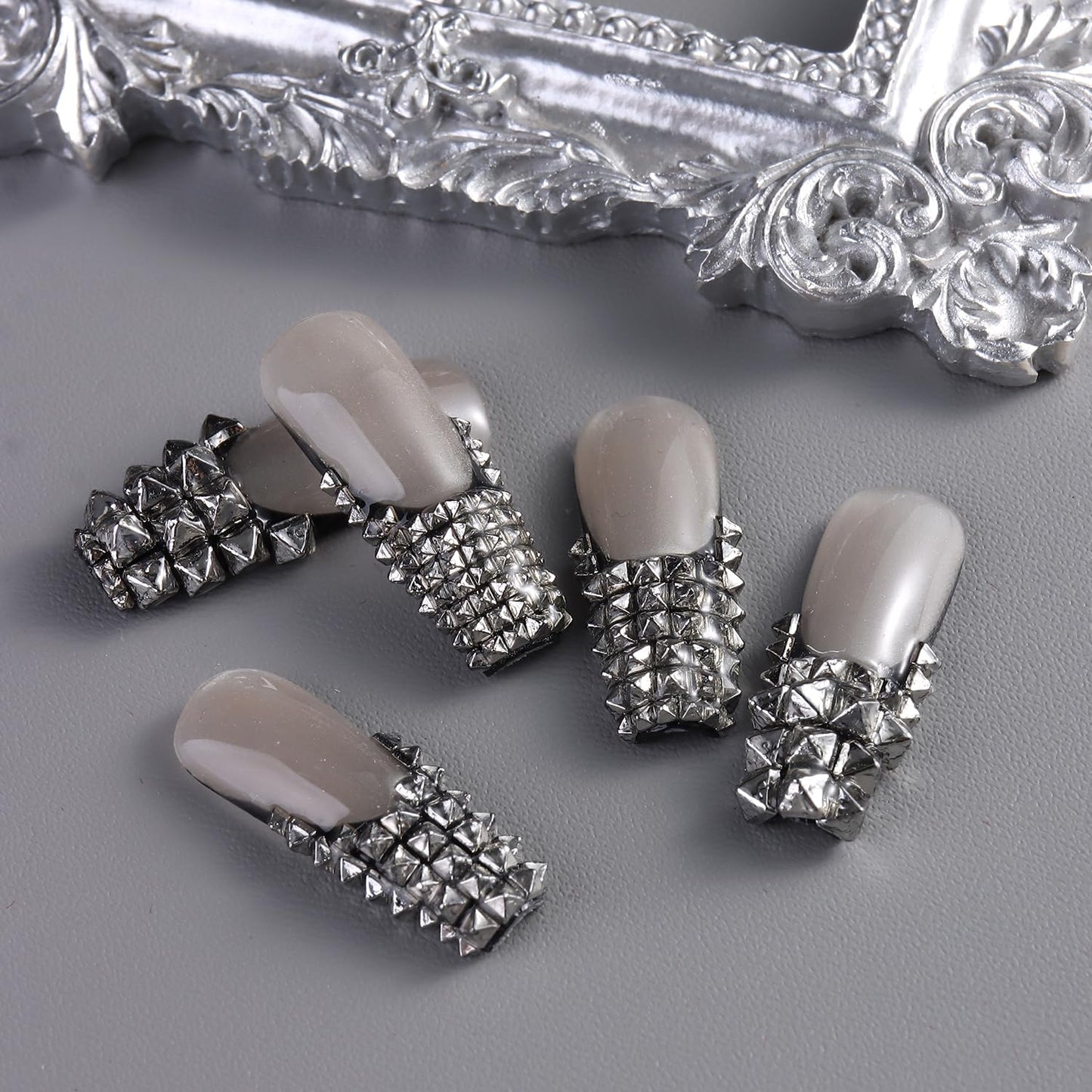 Furtherpretty Cone Spike Nail Charms Set, 3D Tiny Metal Square Pyramid Studs for Nails, Mixed Sizes Black & Silver Flat Back Punk Nail Charms, Gothic Y2K Rock Edgy DIY Manicure Decorations