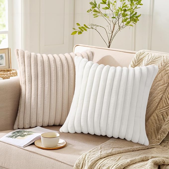 Pallene Faux Fur Plush Throw Pillow Covers 16x16 Set of 2, Luxury Soft Fluffy Striped Decorative Pillow Covers for Sofa, Couch, Living Room, Apricot