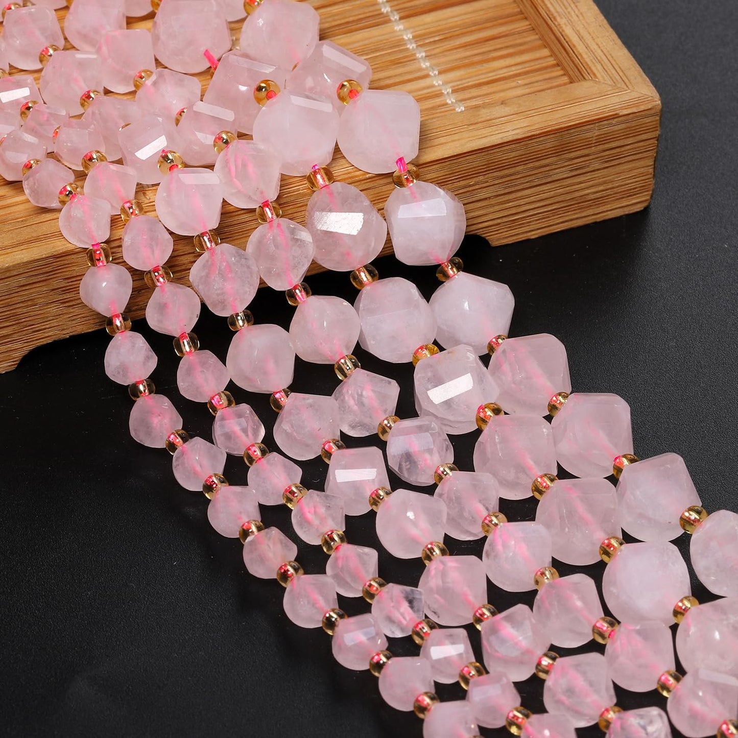 Yochus 42pcs Natural Pink Quartz Stone Beads for Bracelet，2strands 6mm Facted Twist Loose Gemstone Beads for Jewelry Making DIY Craft Necklace Earring