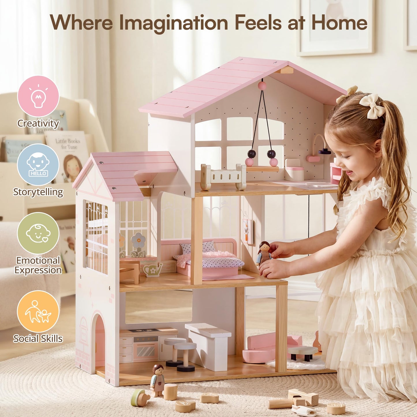 ROBOTIME Doll House for Girls – Three-Story Wooden Dollhouse with 6 Open Rooms, Transparent Conservatory, 37Pcs DIY Modular Furniture Accessories, Pretend Dollouse Creative Gift for Girl Ages 3+