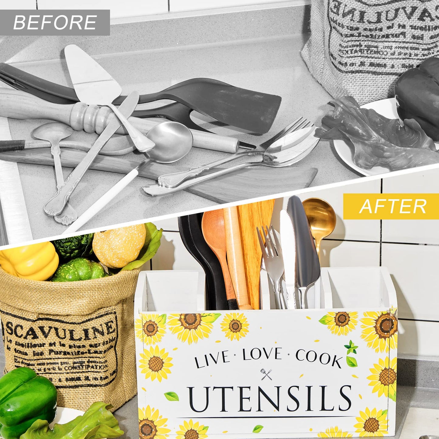 Kathfly Sunflower Kitchen Utensil Holder Christmas Gift for Countertop 4 Compartment Large Wooden Rustic Farmhouse Sunflower Cooking Utensil Organizer Kitchen Tools Storage for Home Counter