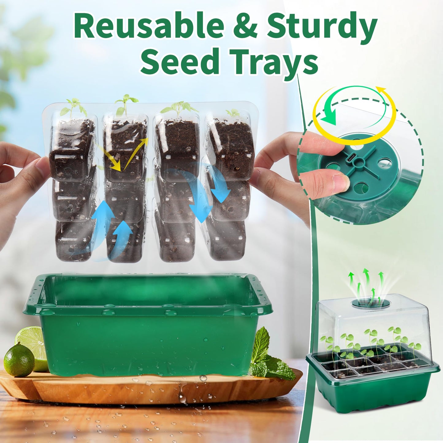 Homiton 4-Pack Seed Starter Tray with Grow Light and Heat Mat, 48 Cells Seed Starter Kit with Adjustable Humidity Dome and Base, Germination Kit for Seed Growing Plant Propagation