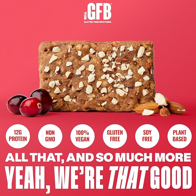 The GFB Cranberry Toasted Almond Protein Bars - Gluten Free, Plant Based, Non GMO, Sustainably Made – Ridiculously Tasty, Healthy, Vegan, Nutrition Snack Protein Bars, 2.05 oz (12 Count)