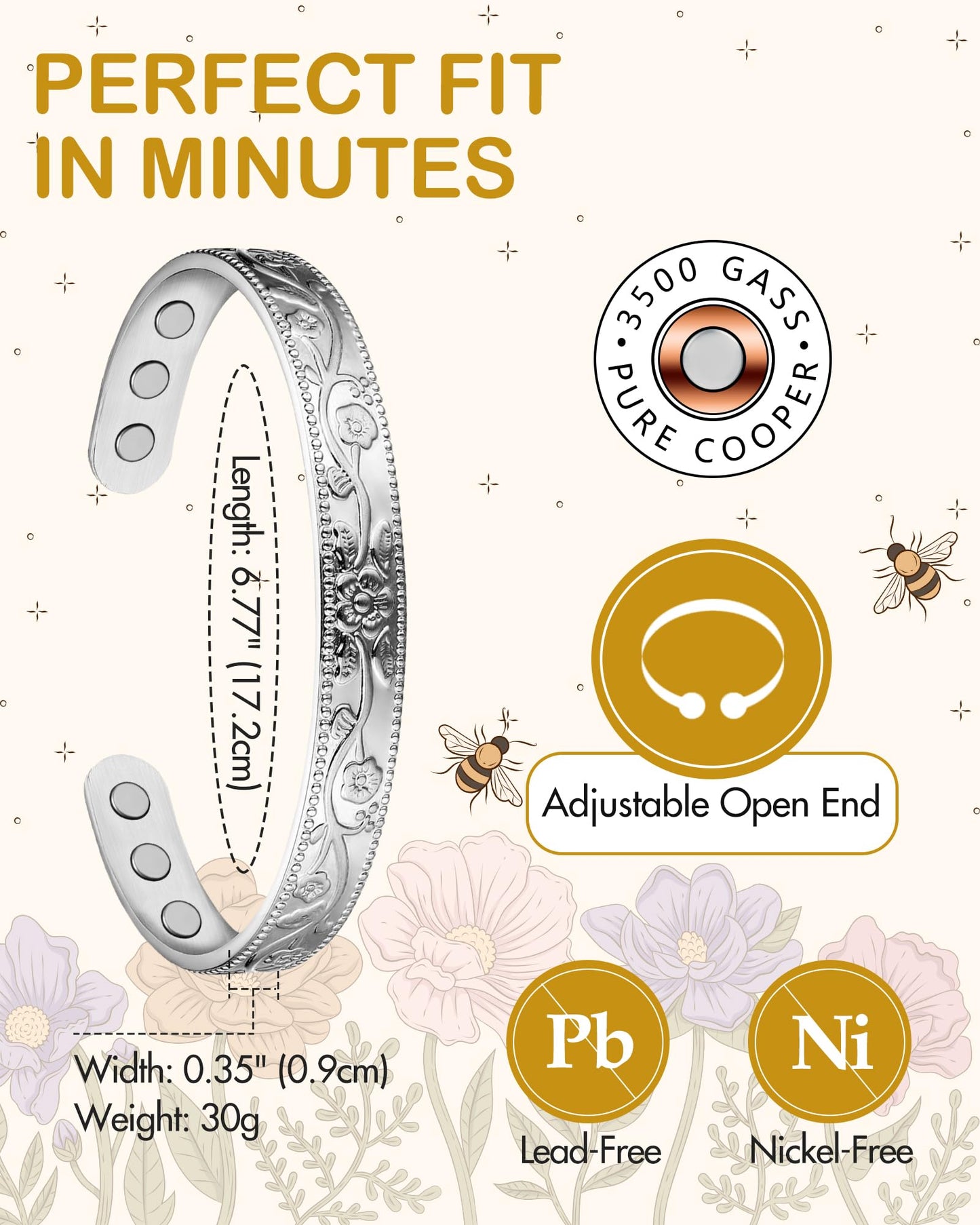 Feraco Copper Bracelet for Women, Magnetic Bracelets for Women, 99.99% Pure Copper Cuff Bangle with 3500 Gauss Magnets (Silver)