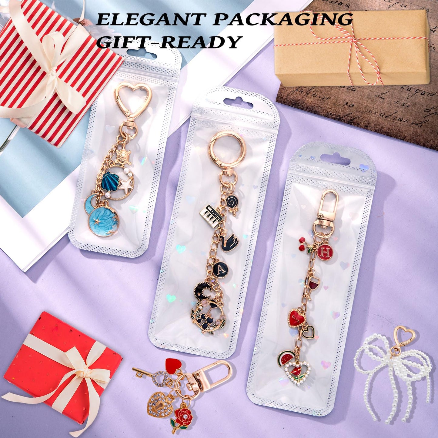 Wurosi 544Pcs Charms Lip Gloss Keychain Making Kit, Bag Charm Kits with Key Chain Hooks, Charms, Chains, Jump Rings, Lobster Clasps, Plier, Gift Bags & Tools, DIY Craft Supplies, Valentines Gifts