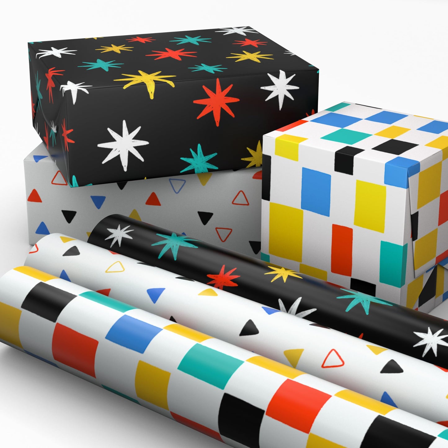 Hallmark Wrapping Paper Mini Rolls, 3-Pack (Checkered, Triangles, Starbursts) for Birthdays, Graduations, Mother's Day, Father's Day, Any Occasion - 45 Sq. Ft. Total