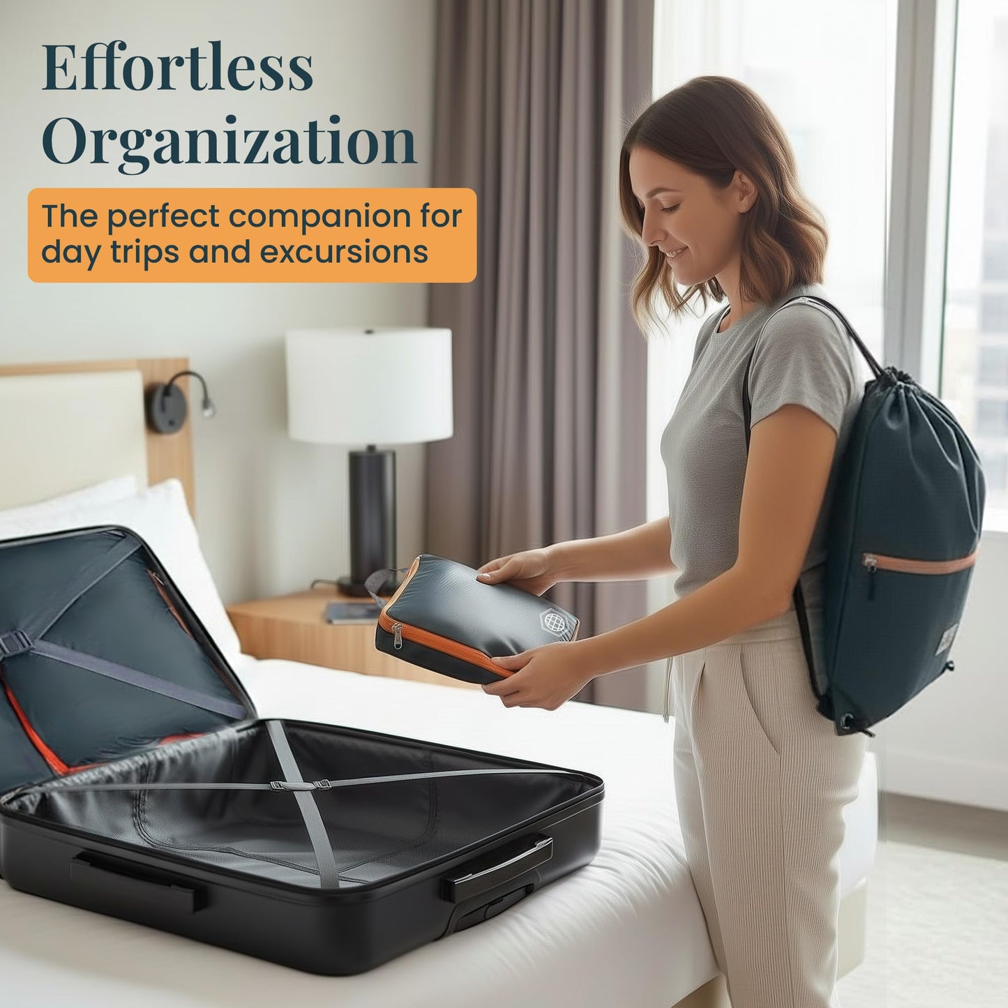 Compression Packing Cubes for Travel – 6 Piece Luggage Organizer Set with Lightweight Laundry Bag/Backpack – Travel Essentials for Carry-On Suitcase or Checked Luggage (Grey/Orange)